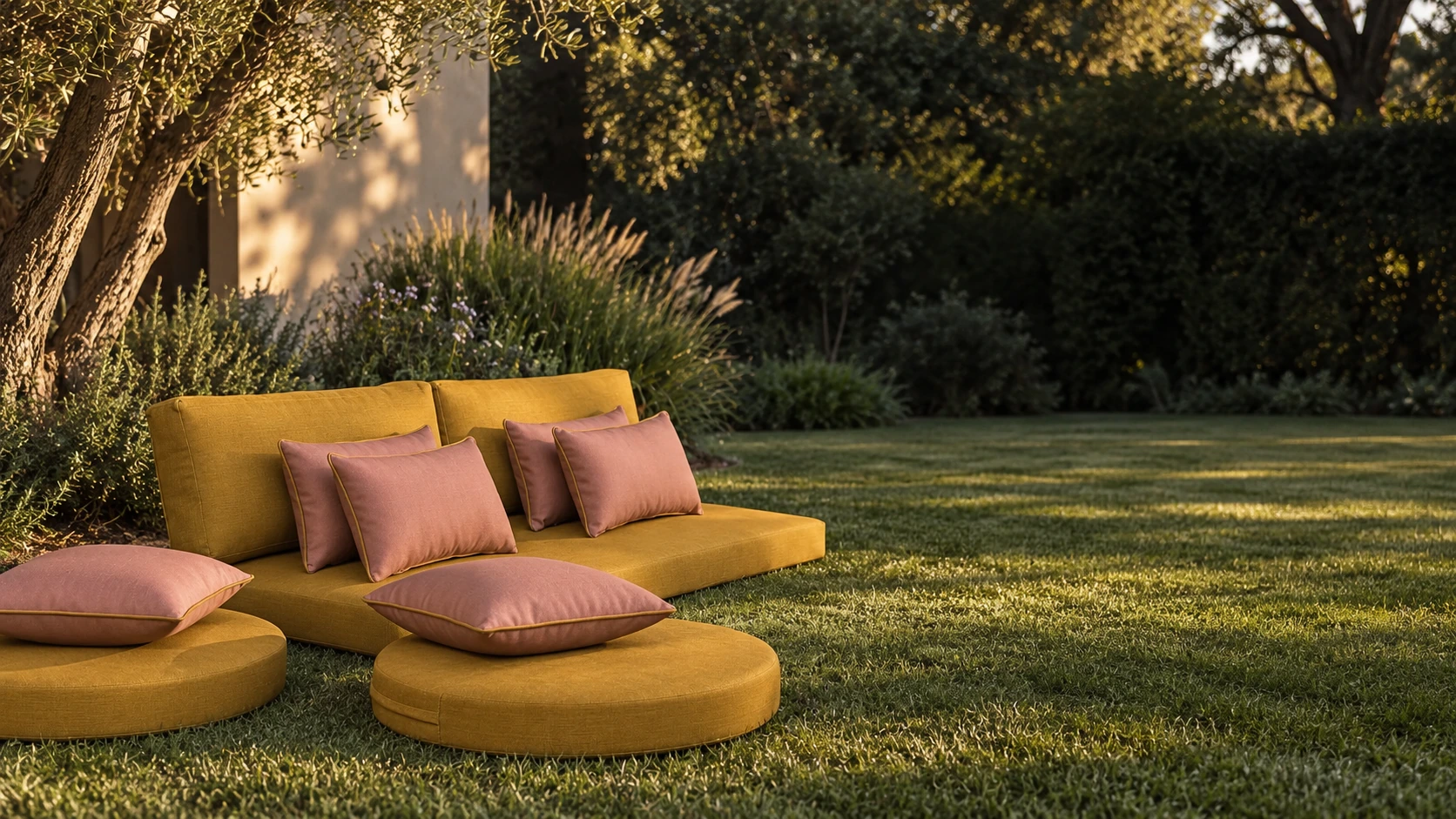 Composición textil mostaza y rosa en un jardín